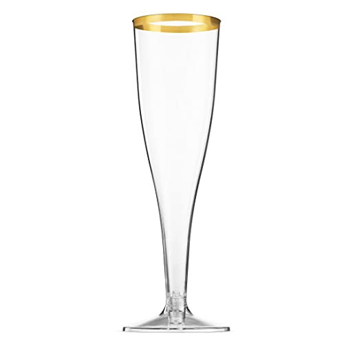 Munfix 100 Pack Gold Plastic Champagne Flutes, 5 Oz Clear Plastic Toasting Glasses Fancy Disposable Wedding Party Cocktail Cups with Gold Rim
