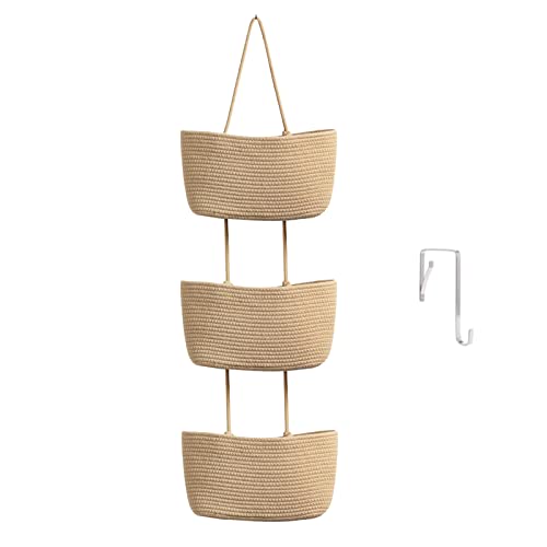Over the Door Hanging Storage Basket 3 Tier Wall Organizer Jute Color
