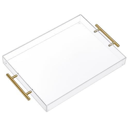 12"x16" Clear Acrylic Serving Tray with Golden Handles, Sturdy Huge Capacity Acrylic Tray for Coffee, Juice, Kitchen and Desk Organizer, Storage Tray (12"x16")