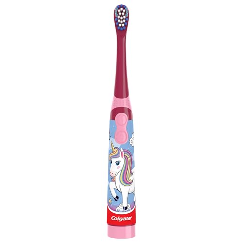 Colgate Kids Battery Powered Toothbrush, Kids Battery Toothbrush with Included AA Battery, Extra Soft Bristles, Flat-Laying Handle to Prevent Rolling, Unicorn Toothbrush, 1 Pack
