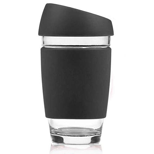 Reusable Glass Cup/Travel Mug Tumbler with Food-grade Silicon Cover Lid and Non-slip Sleeve, Dishwasher safe & microwavable - BPA, Lead and Cadmium Free (Black, 16oz)