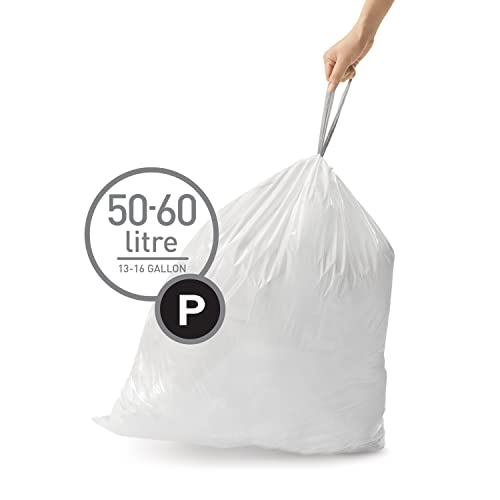 simplehuman Code P 60 Count Custom Fit Liners, Drawstring Kitchen Trash Bags, One-by-One Mess-Free Dispense, Extra Thick & Double Seamed, 50% PCR Plastic, 50-60 Liter / 13-16 Gallon, White