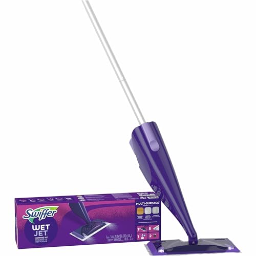 Swiffer Wet Jet Mop, Floor Cleaner for Mopping Wood, Laminate, Tile in Home, Bathroom, Kitchen, All Purpose Multi-Surface Cleaning Set includes 1 Spray Mop, 5 Pads Refill, 1 Fresh Scent Solution