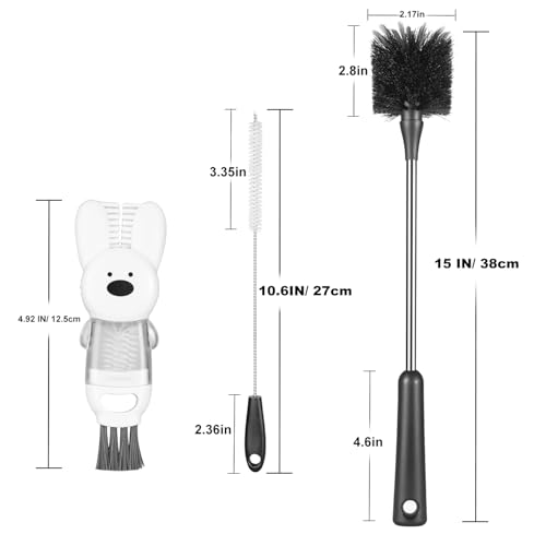 3 Pack Bottle Brushes, Stainless Steel Long Handle Water Bottle Scrub Cleaning Brush Set Including Straw & Lid Cleaner for Baby Bottles, Sports Cups