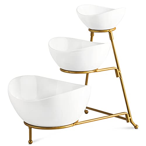 YHOSSEUN 3 Tier Serving Stand Oval Serving Bowl with Metal Rack, Tied Serving Bowls Food Display Dessert Appetizer, Chip and Dip Serving Bowl Set for Parties, Gold-45oz / 17.5oz / 7oz