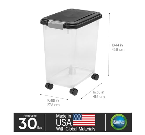 IRIS USA Airtight Dog Food Storage Container, Up to 30 lbs, Attachable Wheels, for Dog Cat Bird and other Pet Food Storage Bin, Keep Fresh, Easy Mobility, BPA Free, Black