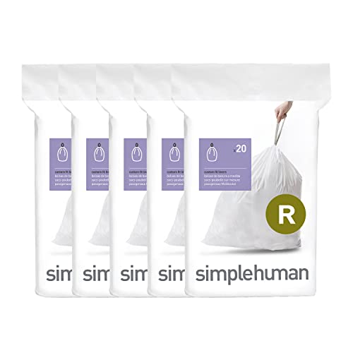 simplehuman Code R 100 Count Custom Fit Liners, Drawstring Kitchen Trash Bags, One-by-One Mess-Free Dispense, Extra Thick & Double Seamed, 50% PCR Plastic, 9-10 Liter / 2.6 Gallon, White