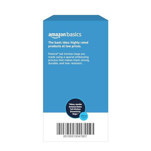 Basics 13 Gallon Tall Kitchen Drawstring Trash Bags, Flextra Strength, Tear Resistant, 10% Post Consumer Recycled, 90 Count, White