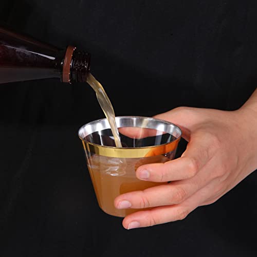 Tobvory 100 Pack Gold Rimmed Plastic Cups - 9 oz Hard Clear Plastic Cups, Premium Disposable Cup For Cocktail And Drinking - Food Grade Party Cups Set - Sturdy Tumbler Cup - Gold Rim