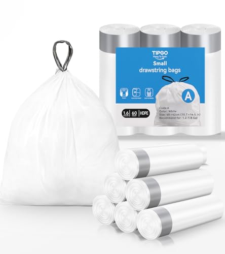 TIPGO Drawstring Trash Bags 60 Count, Pre-Cut 1.6 Gallon Small Garbage Bags, Fit 1.2-1.8 Gallon Trash Bin for Home, Office, Bathroom (Code A)