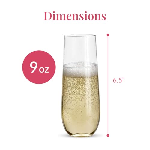 Prestee 24 Plastic Champagne Flutes - 9oz Heavy Duty Stemless Champagne Glasses for Parties - Disposable Clear Plastic Toasting Glasses, Mimosa Glass for New Year’s Eve Party Supplies