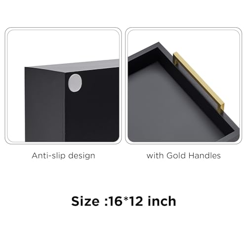 16"x12" Serving Trays with Handles, Black Decorative Serving Tray, Ottoman Trays for, Living Room, Bathroom, and Outdoors Decorative Trays (Black)