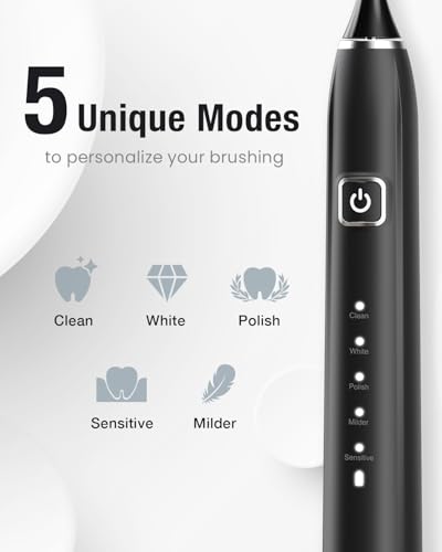 7AM2M Travel Electric Toothbrush for Adults&Kids, Type-C Charging Run for 120 Days, with 6 Brush Heads, 5 Modes&40000VPM Powered Rechargeable Toothbrush, Travel & Home Use (Black)
