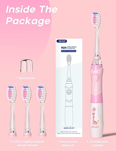 SEAGO Kids Electric Toothbrush with 2 Mins Brushing Timer and 4 Replacement Brush Heads, Rainbow LED Light Makes Brushing Fun, Boys Battery Powered Toothbrush for 4-12 Years Old,SG-977(Pink)