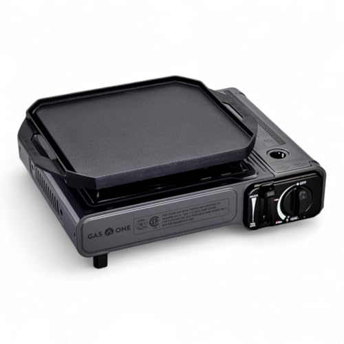 GasOne GS-1000G-KIT Butane Gas Stove with Flat Top Griddle Included – Butane Grill Tent Stove Burners for Cooking for Camping, Kitchen – Diecast Aluminum with Non Stick Coating