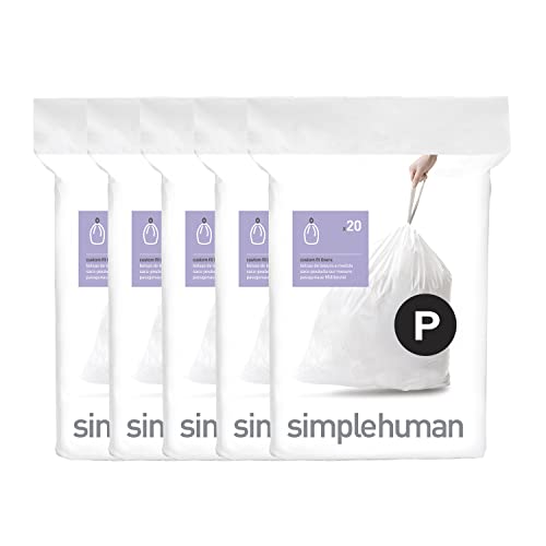 simplehuman Code P 100 Count Custom Fit Liners, Drawstring Kitchen Trash Bags, One-by-One Mess-Free Dispense, Extra Thick & Double Seamed, 50% PCR Plastic, 50-60 Liter / 13-16 Gallon, White