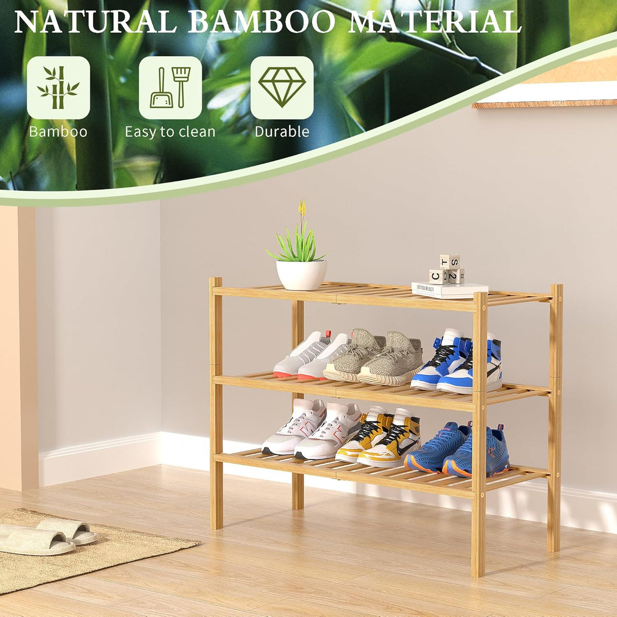 3 Tier Bamboo Shoe Rack for Closet Free Standing Shoe Shelf