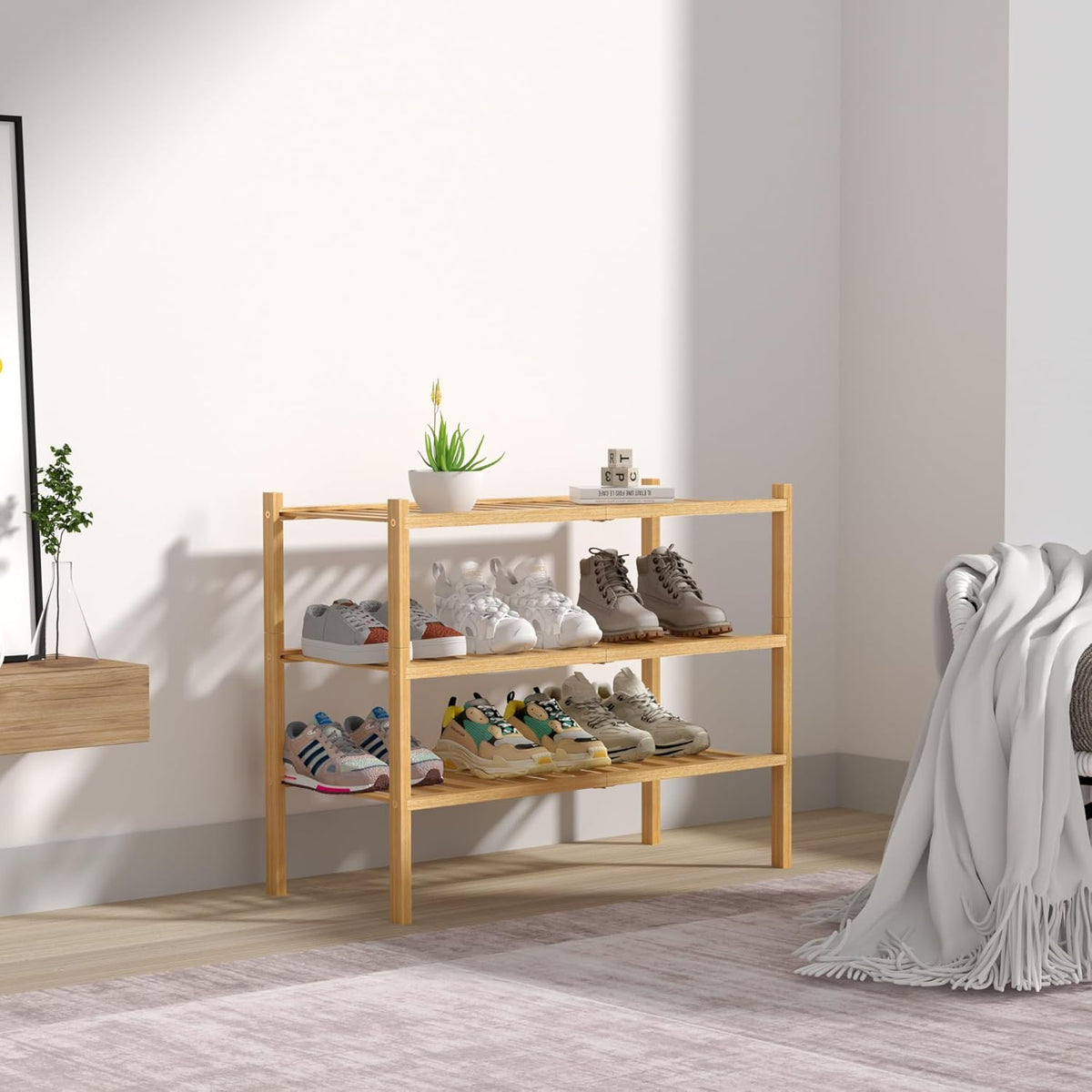 3 Tier Bamboo Shoe Rack for Closet Free Standing Shoe Shelf