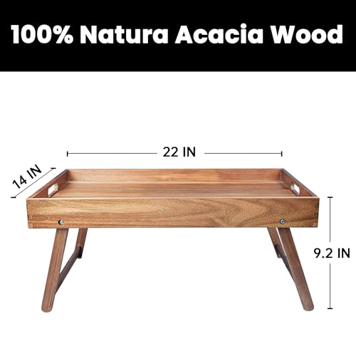 Extra Large Folding Bed Tray Table, 22’’ x 14’’ Acacia Wood Breakfast Tray, Food Serving Tray with Legs for Eating in Bed