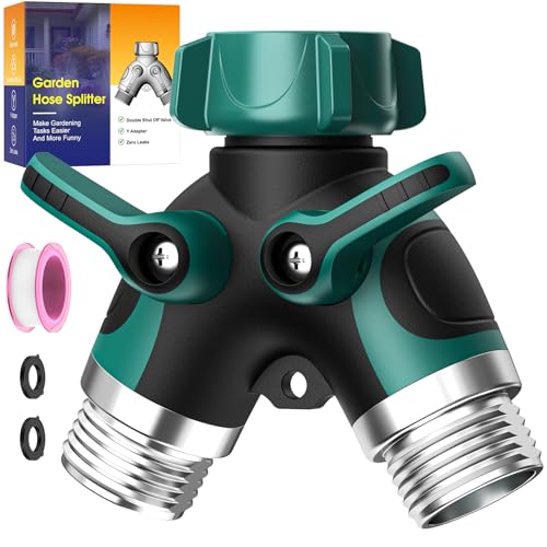 2 Way Garden Hose Splitter with Shut Off Valve,Water Spigot Splitter for 3/4" Hose Connector,Heavy Duty Metal Outdoor Faucet Splitter Y Connector for Garden Hose,with 3 Leakproof Washers & 1 tape