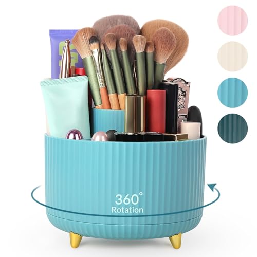 SKYDUE Makeup Organizer, Rotating Pencil Pen Holder for Desk, Dual-Purpose Desktop Organizer for Cosmetics & Pens, Makeup Brush Holder with 5 Slots, Pencil Cup for Office, Home