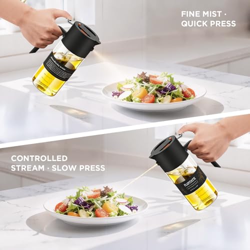 2Pcs 17oz Premium Olive Oil Sprayer for Cooking, 2 in 1 Glass Olive Oil Dispenser Bottle for Kitchen Gadgets, Spray Bottle with Portion Control for Salad, Frying, BBQ (2 Black)