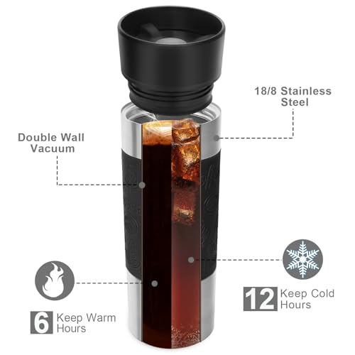 Travel Coffee Mug with 360°Lid, Travel Coffee Tumbler 16 oz Leak Proof, Stainless Steel Insulated Travel Mugs for Hot and Cold Spill Proof Leak Proof(Black)