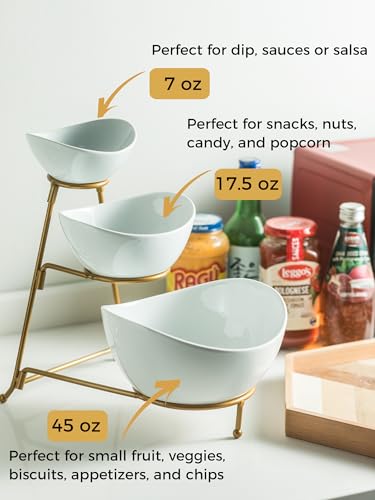 YHOSSEUN 3 Tier Serving Stand Oval Serving Bowl with Metal Rack, Tied Serving Bowls Food Display Dessert Appetizer, Chip and Dip Serving Bowl Set for Parties, Gold-45oz / 17.5oz / 7oz