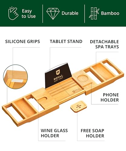 ROYAL CRAFT WOOD Premium Foldable Bathtub Tray Caddy - Wood Bath Tray for Tub, Bamboo Shelf, Expandable Bath Table Trays, Bathtub & Bathroom Accessories for New Home & Mothers, Birthday Gifts for Mom