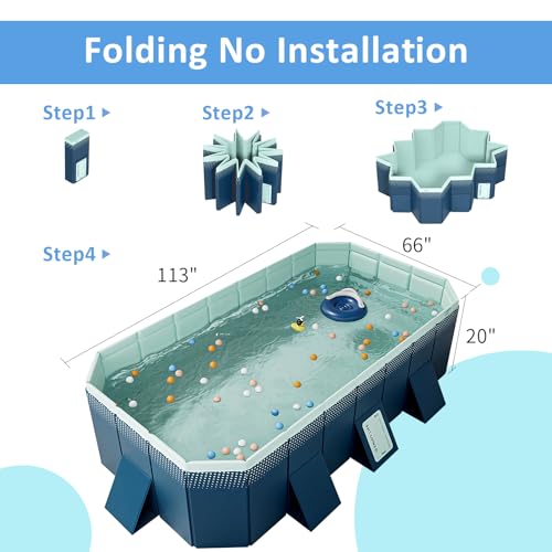 WIRHAO Foldable Non-Inflatable Kids' and Adults' Outdoor Swimming Pool Hard Plastic Shell Kid Pool for Backyard Dog Pools (113" x 66" x 20")