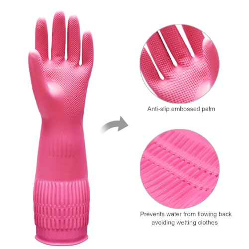 Bamllum 3 Pairs of Rubber Dishwashing Gloves for Kitchen and Household Cleaning – Long Cuff 15", Reusable, Flexible Long-lasting and Non-Slip (Red+Yellow+Green, Large)
