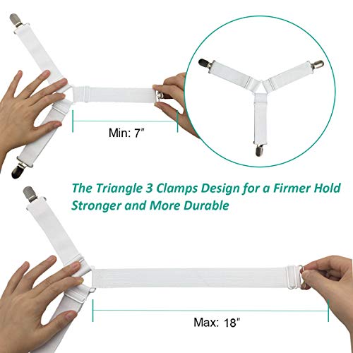 Bed Sheet Fasteners, Adjustable Mattress Suspenders, Mattress Cover Straps, Bed Corner Holder and Keepers and the Bed Sheet Grippers Clips (Triangle White Set of 4)