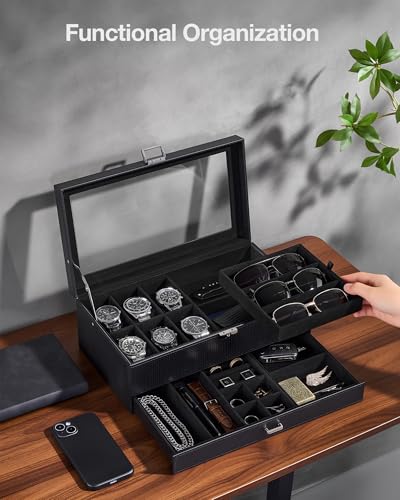 ProCase Mens Jewelry Box, Lockable 6 Slot Watch Case & 3 Slot Sunglasses Organizer, 2-layer Mens Jewelry Organizer Watch Box for Men, Watches Holder Display Storage, Fathers Day Gift -AllBlack