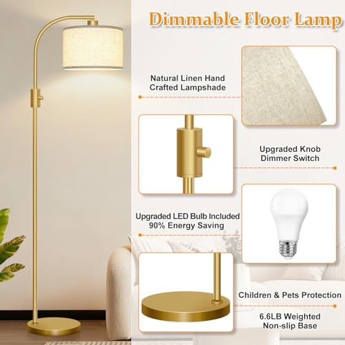Nintiue Upgraded Modern Arc Dimmable Tall Standing Floor Lamp with Linen Shade, 1200 Lumens LED Bulb Included, for Living & Reading Room, Bedroom, Office & Nursery, Gold
