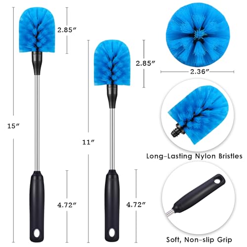 Stainless Steel Bottle Brush with Replaceable Head, Long Handle Scrub Brush for Water Bottles, Glasswares, Mugs, Flasks, Tumblers, Vases, and Kitchen Sink, 2 Pack, 15 in