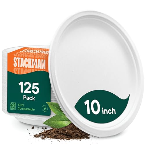 100% Compostable Disposable Paper Plates 125-Pack - (PFAS-Free) - 10 Inch Heavy Duty, Eco-Friendly, Biodegradable Bagasse Dinner Plates