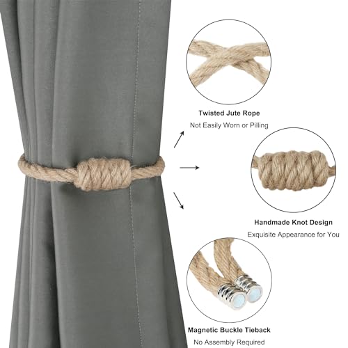BEL AVENIR Magnetic Jute Curtain Tiebacks, Decorative Drapery Holdbacks Bohemian Style Woven Tie-Backs with Exquisite Knot (Jute, 2 Pack)