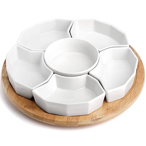 SOUJOY 11'' Lazy Susan Serving Tray, Porcelain 360° Rotatable Serving Tray and Platters, Removable Divided Serving Dishes, Party Relish Bowl for Chip, Dip, Veggies, Candy and Snack, Cheese, 7 Pieces