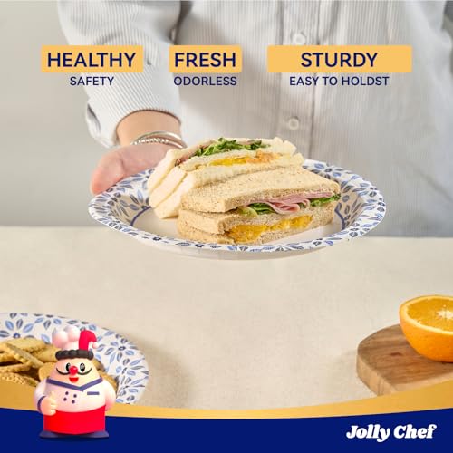 JOLLY CHEF 10 inch Disposable Paper Plates 140 Count, Soak Proof, Cut Proof, Heavy Duty Paper Plates for Everyday Use