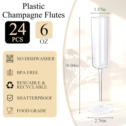Ciaell 24 Pack Plastic Champagne Flutes - Clear 6 Oz Disposable Champagne Glasses - Square Plastic Toasting Glasses for Party Birthday Anniversary Wedding