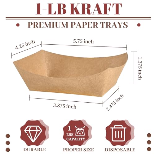 Ocmoiy 1lb Paper Food Trays, 100 Pack Heavy Duty Kraft Food Boats Holders Disposable Serving Basket Trays for Nachos, Fries, BBQ, Festivals, Party