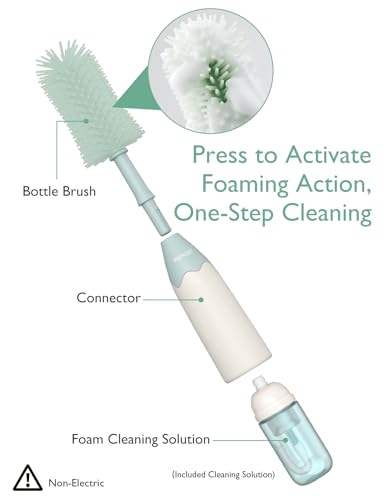 Momcozy Bottle Brush Kit with Push-Press Foam Design - Newborn Essentials Gift, Portable Cleaning Tool for Home & Travel, Baby Bottle Cleaner Brush for Breast Pumps & Nipples, Green