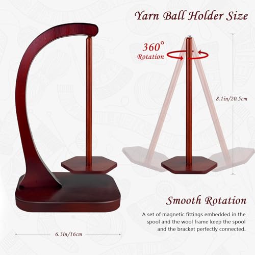 JUCPASH Yarn Holder for Crocheting and Knitting, Wooden Yarn Spinner with Magnetic Rotating Mechanism and Anti-Slip Pads, Crochet Accessories Birthday Gifts for Women Mom Wife Grandma Mother (Brown)