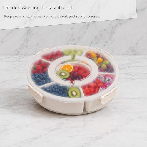 Divided Serving Tray with Lid - Snack Tray - Snack Box - Portable Snackle Box Organizer for Fruit, Salad, Chips & Dip - Lazy Susan Platter with Handle for Parties, Road Trips, Kids & Charcuterie