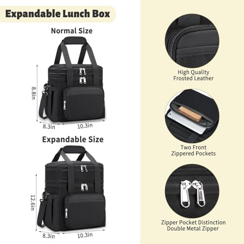 holuxer Insulated Lunch Bag & Lunch Box for Men - Double Deck Reusable Lunch Bag for Women Tote Cooler Bag Leakproof Soft Expandable - Large Lunchbox for Work/Adult/Picnic/Outdoor (Black,15L)