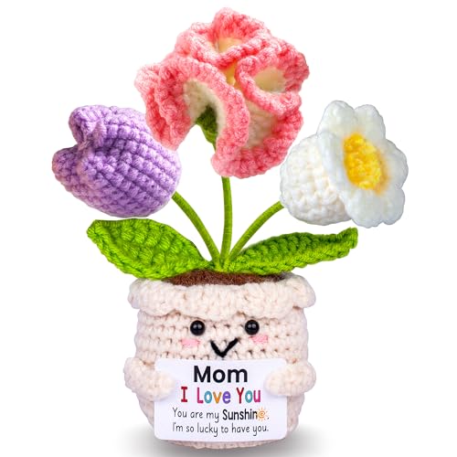Mothers Day Mom Gifts for Mom, Gifts for Moms from Daughter Son, Mother's Day Birthday Gift for Moms Mother in Law Step Mama, Cute Handmade Crochet 3 Flowers Pot Doll I Love You Present for Mum