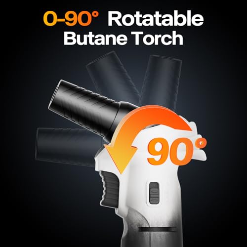 Butane Torch Lighter, 0-90°Rotating Angle Butane Lighter, Refillable Kitchen Torch with Safety Lock, Adjustable Flame for Soldering (White and Black)