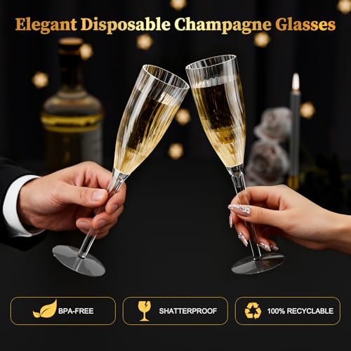 GuanQiao 16 Pack Clear Champagne Flutes, 6oz Disposable Wine Glasses with Long Stem, Reusable Plastic Cocktail Glasses for New Years Eve Party Birthday Wedding Celebration Toasting Drinking