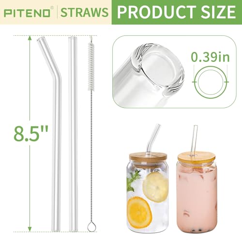 Piteno® 16-Pack Reusable Glass Straws Set, Clear Glass Drinking Straws, 8.5''x10MM, Set of 6 Straight and 6 Bent with 4 Cleaning Brushes, Perfect for Smoothies, Milkshakes, Juice, Tea
