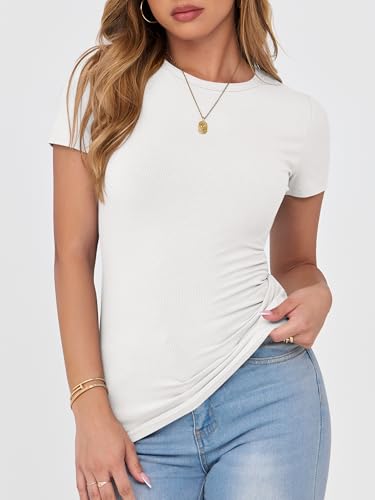 ANRABESS Women Short Sleeve Crewneck Ribbed Knit Slim Fitted Shirts Summer Tops Basic Tee Casual 2026 Spring Outfits Clothes